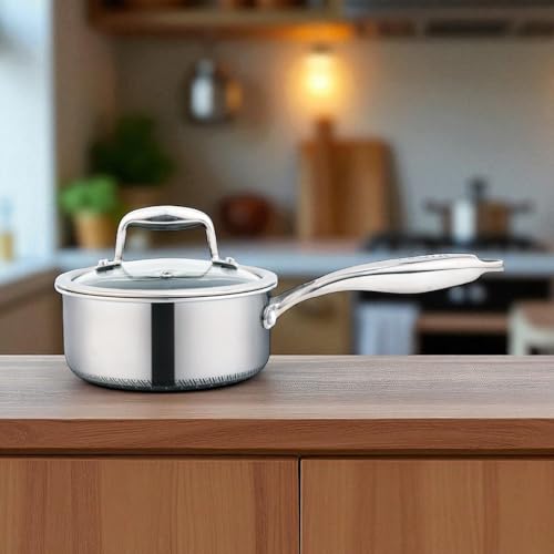 Mastir Stainless Steel Sauce Pan with Glass Lid – Hybrid Honeycomb Nonstick, PFOA-Free & EU Approved – Stay-Cool Handle, Induction, Oven & Dishwasher Safe – 16/18 cm