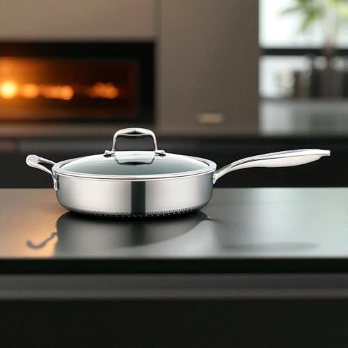 Mastir Stainless Steel Deep Sauté Pan/Shallow Fry Pan with Glass Lid – Hybrid Honeycomb Nonstick, PFOA-Free & EU Approved – Stay-Cool Handle, Induction & Oven Safe, Dishwasher Safe – 26/28 cm