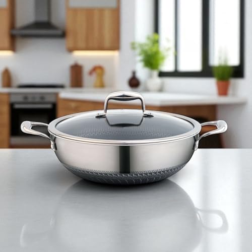 Mastir Stainless Steel Wok/Kadai Two Ear Handles and Glass Lid – Hybrid Honeycomb Nonstick, PFOA-Free & EU Approved – Stay-Cool Handles, Induction, Oven & Dishwasher Safe – 28/30/32 cm