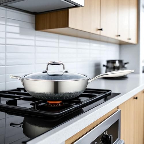 Mastir Stainless Steel Wok with Tempered Glass Lid β Hybrid Honeycomb Nonstick, PFOA-Free & EU Approved β One Long Handle + Helper Ear Handle, Induction & Oven Safe, Dishwasher Safe β 28/30 cm