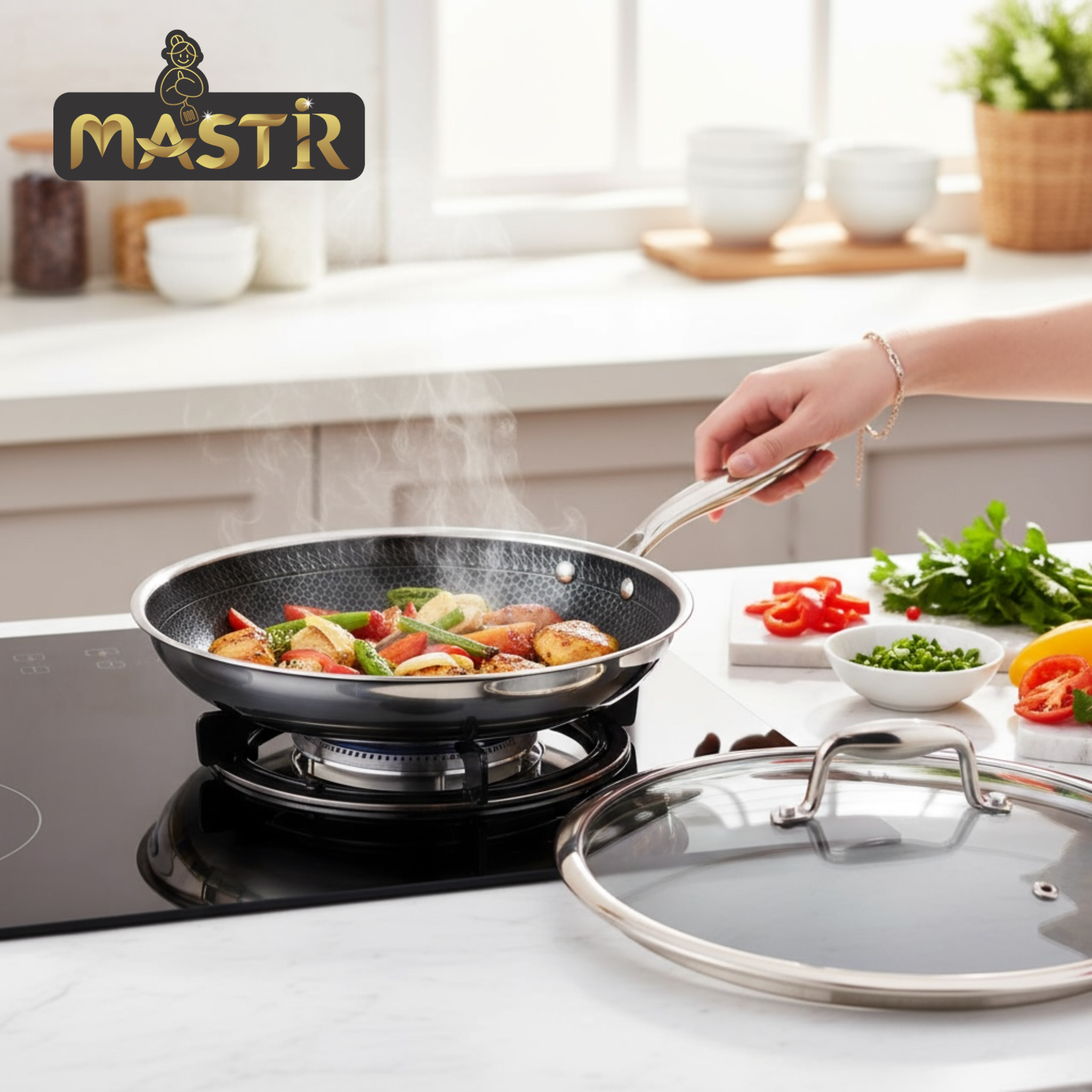 Mastir Stainless Steel Frypan with Lid – Hybrid Honeycomb Nonstick, PFOA-Free & EU Approved – Healthy Cooking Pan, Stay-Cool Handle, Induction & Oven Safe – 24/26/28 cm