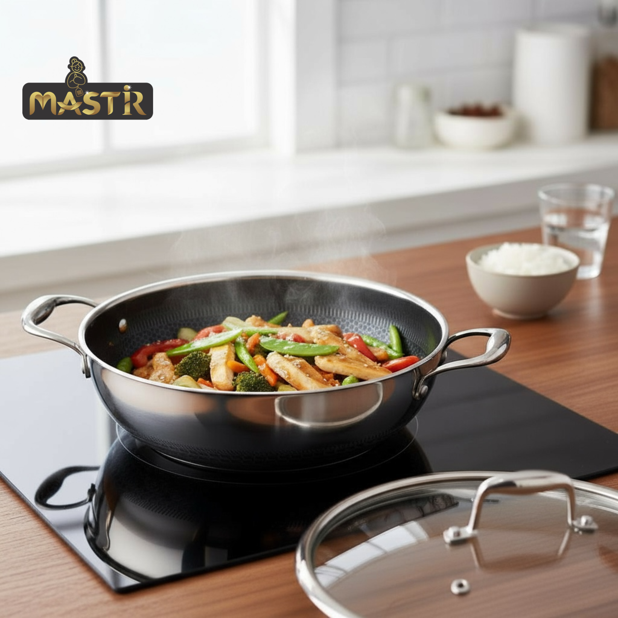 Mastir Stainless Steel Wok/Kadai Two Ear Handles and Glass Lid – Hybrid Honeycomb Nonstick, PFOA-Free & EU Approved – Stay-Cool Handles, Induction, Oven & Dishwasher Safe – 28/30/32 cm