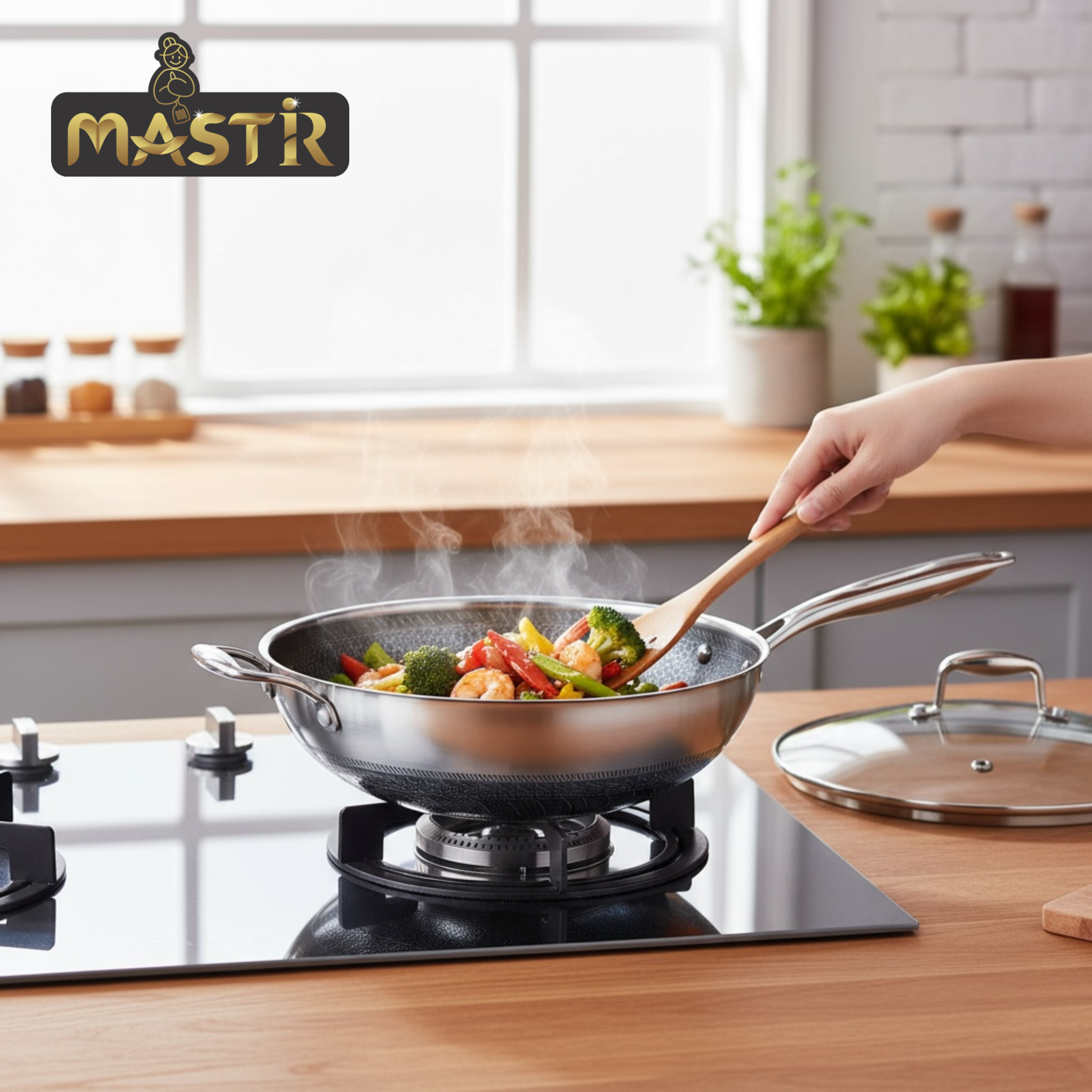 Mastir Stainless Steel Wok with Tempered Glass Lid – Hybrid Honeycomb Nonstick, PFOA-Free & EU Approved – One Long Handle + Helper Ear Handle, Induction & Oven Safe, Dishwasher Safe – 28/30 cm