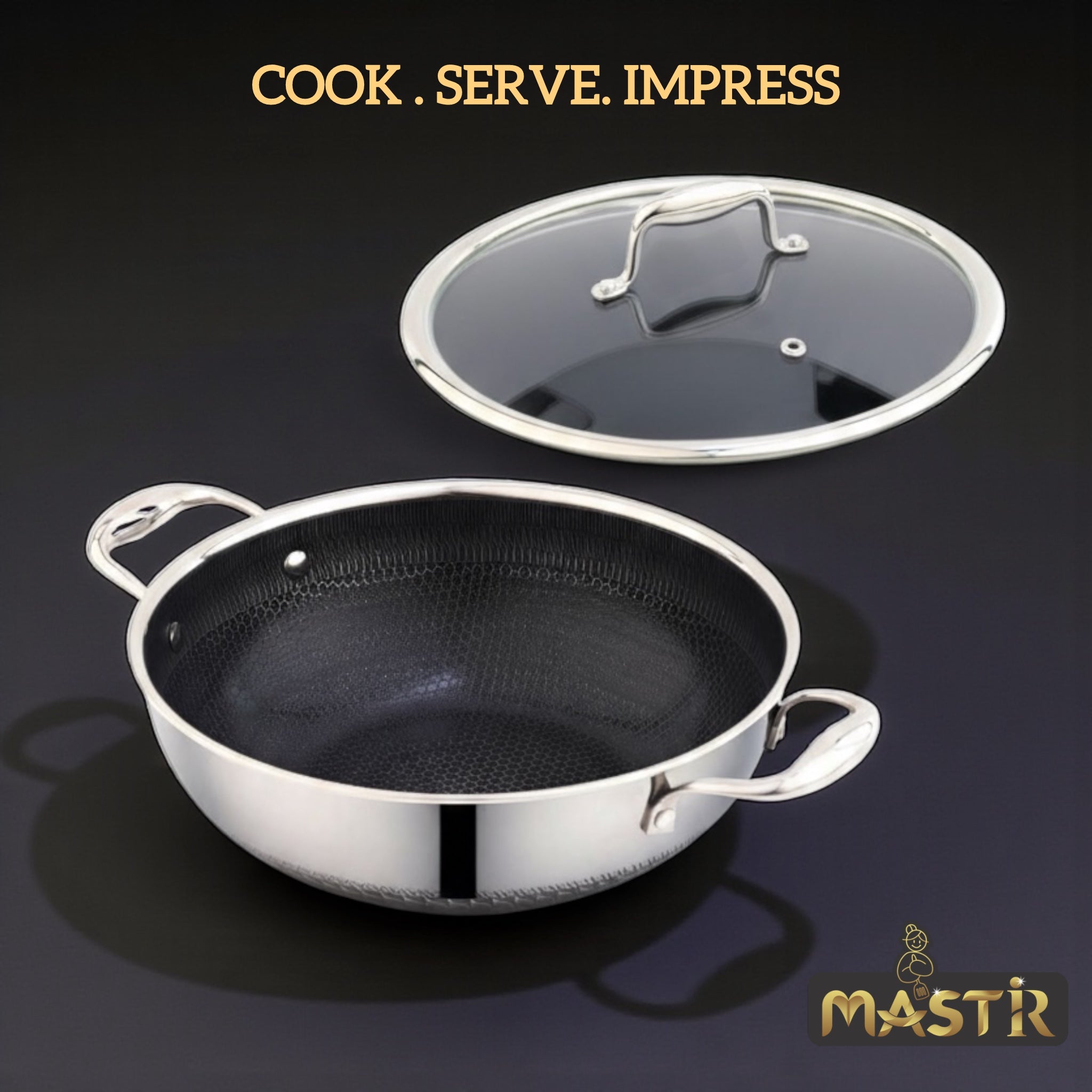 Mastir Stainless Steel Wok/Kadai Two Ear Handles and Glass Lid – Hybrid Honeycomb Nonstick, PFOA-Free & EU Approved – Stay-Cool Handles, Induction, Oven & Dishwasher Safe – 28/30/32 cm