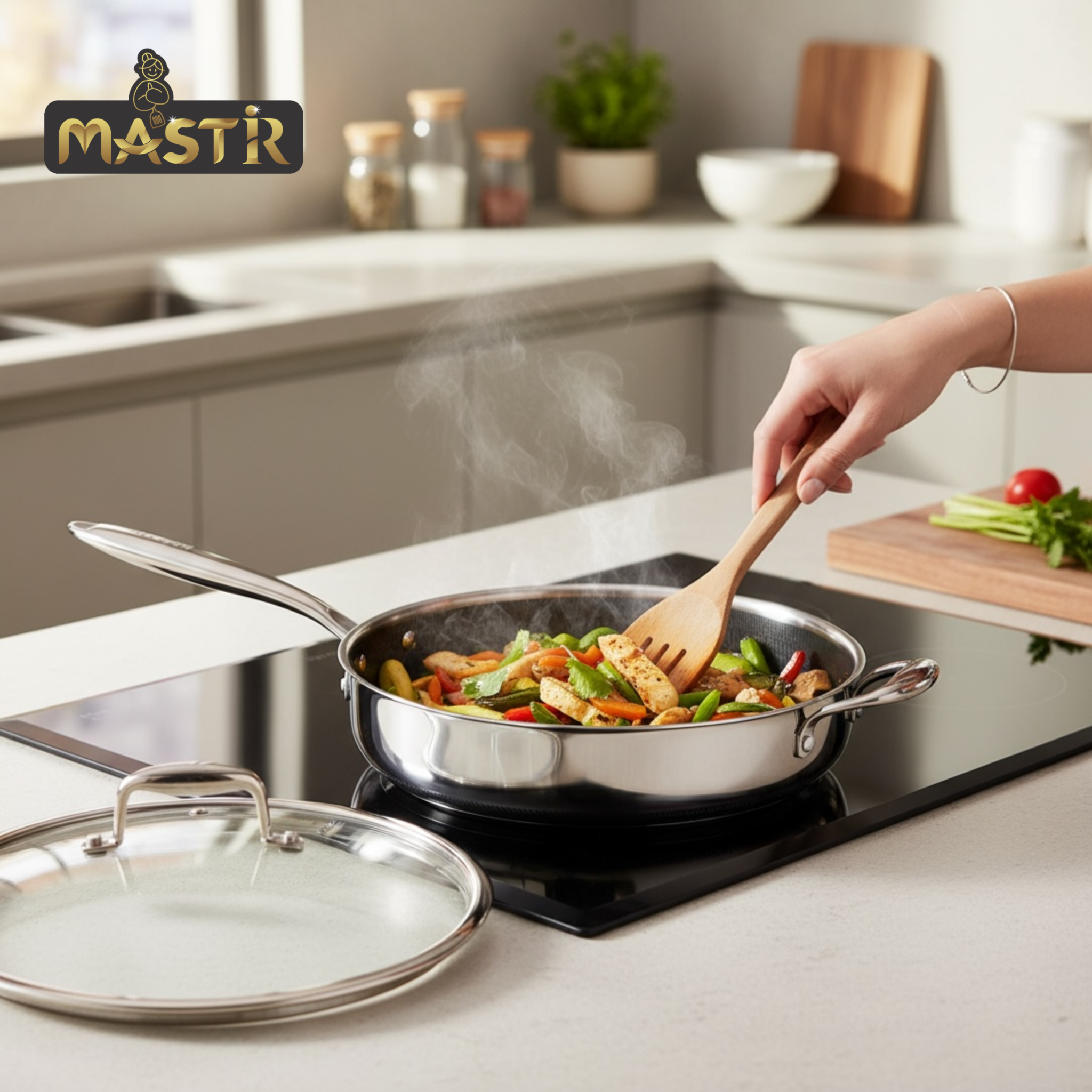 Mastir Stainless Steel Deep Sauté Pan/Shallow Fry Pan with Glass Lid – Hybrid Honeycomb Nonstick, PFOA-Free & EU Approved – Stay-Cool Handle, Induction & Oven Safe, Dishwasher Safe – 26/28 cm