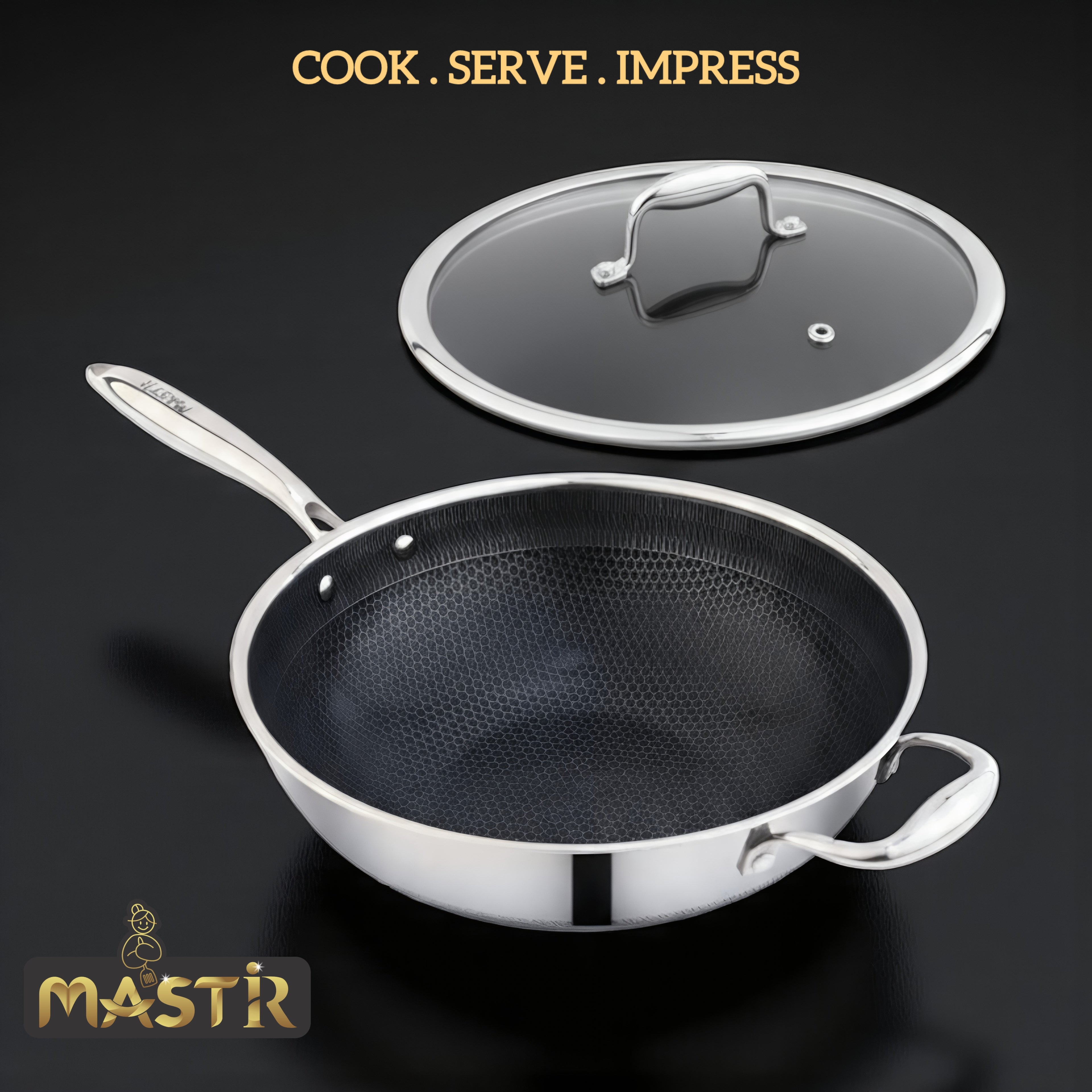 Mastir Stainless Steel Wok with Tempered Glass Lid – Hybrid Honeycomb Nonstick, PFOA-Free & EU Approved – One Long Handle + Helper Ear Handle, Induction & Oven Safe, Dishwasher Safe – 28/30 cm
