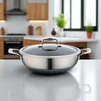 Mastir Stainless Steel Wok/Kadai Two Ear Handles and Glass Lid – Hybrid Honeycomb Nonstick, PFOA-Free & EU Approved – Stay-Cool Handles, Induction, Oven & Dishwasher Safe – 28/30/32 cm