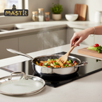 Mastir Stainless Steel Deep Sauté Pan/Shallow Fry Pan with Glass Lid – Hybrid Honeycomb Nonstick, PFOA-Free & EU Approved – Stay-Cool Handle, Induction & Oven Safe, Dishwasher Safe – 26/28 cm