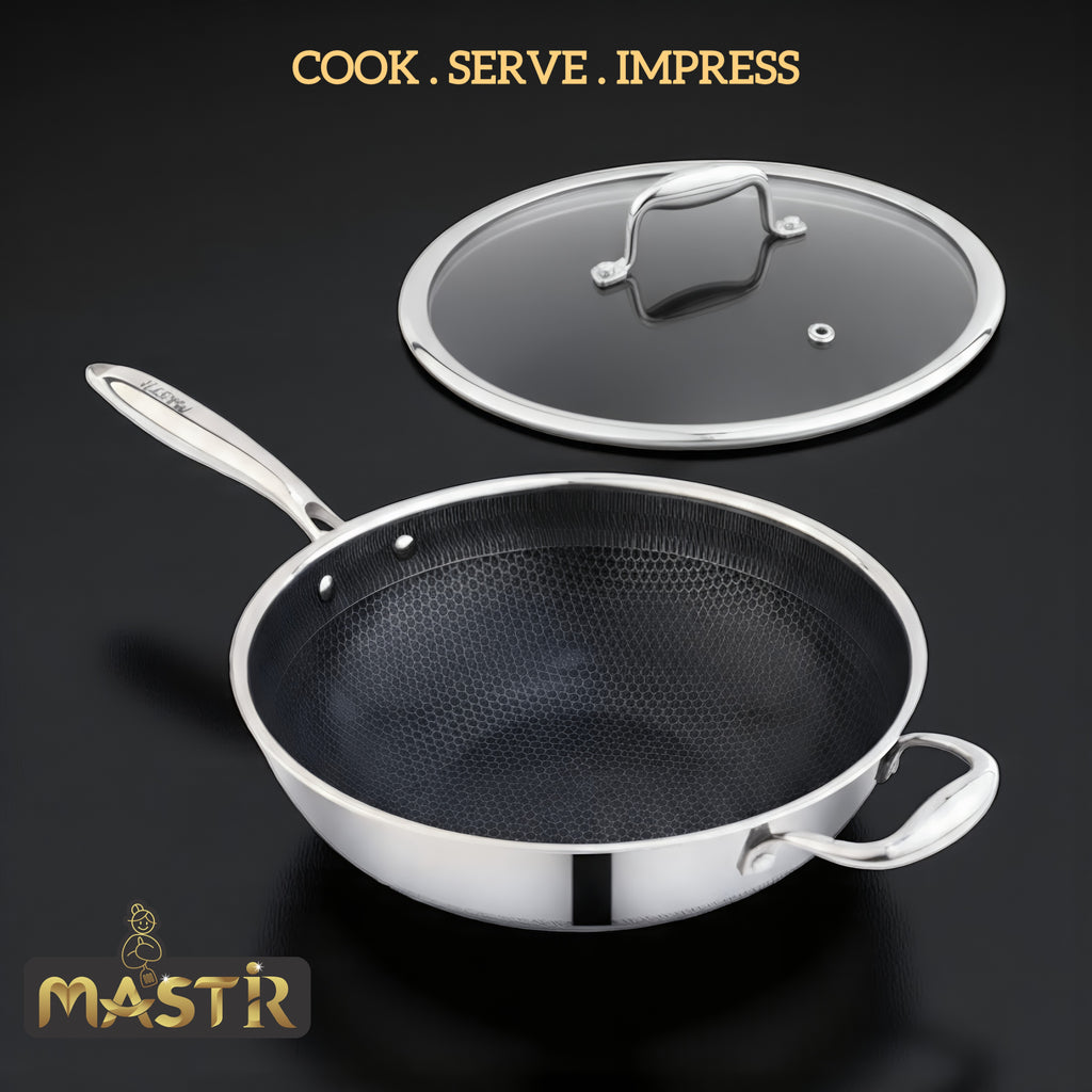 Mastir Stainless Steel Wok with Tempered Glass Lid – Hybrid Honeycomb Nonstick, PFOA-Free & EU Approved – One Long Handle + Helper Ear Handle, Induction & Oven Safe, Dishwasher Safe – 28/30 cm
