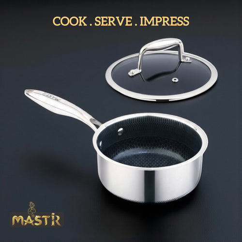 Mastir Stainless Steel Sauce Pan with Glass Lid – Hybrid Honeycomb Nonstick, PFOA-Free & EU Approved – Stay-Cool Handle, Induction, Oven & Dishwasher Safe – 16/18 cm