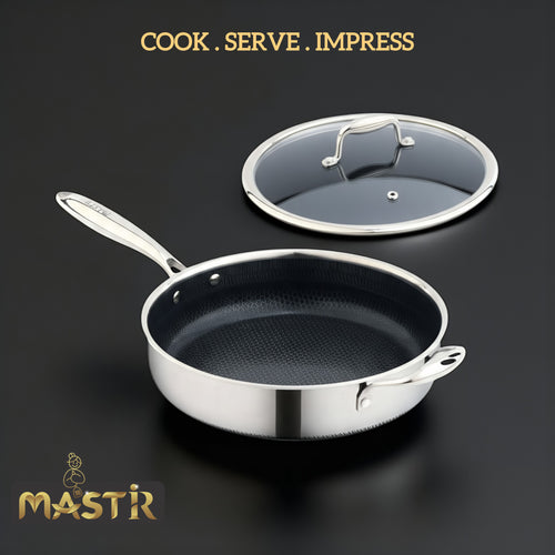Mastir Stainless Steel Deep Sauté Pan/Shallow Fry Pan with Glass Lid – Hybrid Honeycomb Nonstick, PFOA-Free & EU Approved – Stay-Cool Handle, Induction & Oven Safe, Dishwasher Safe – 26/28 cm